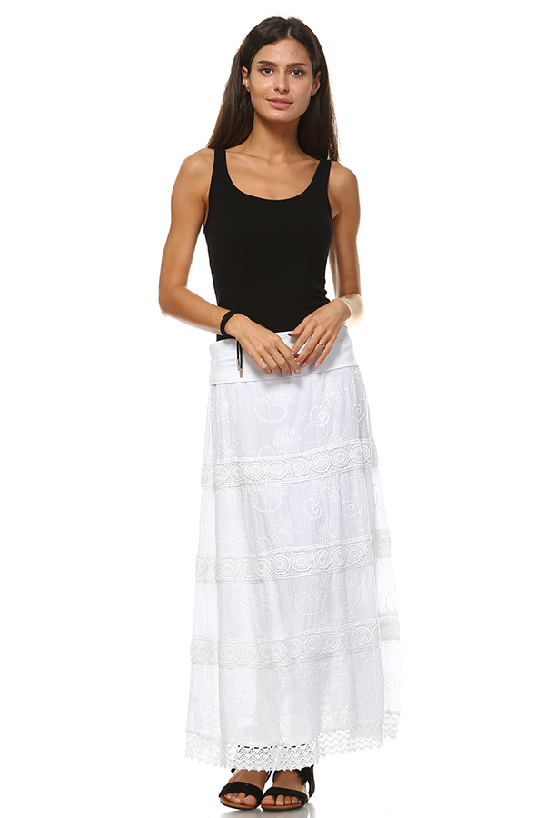 100% Cotton Long Lace Skirt - White